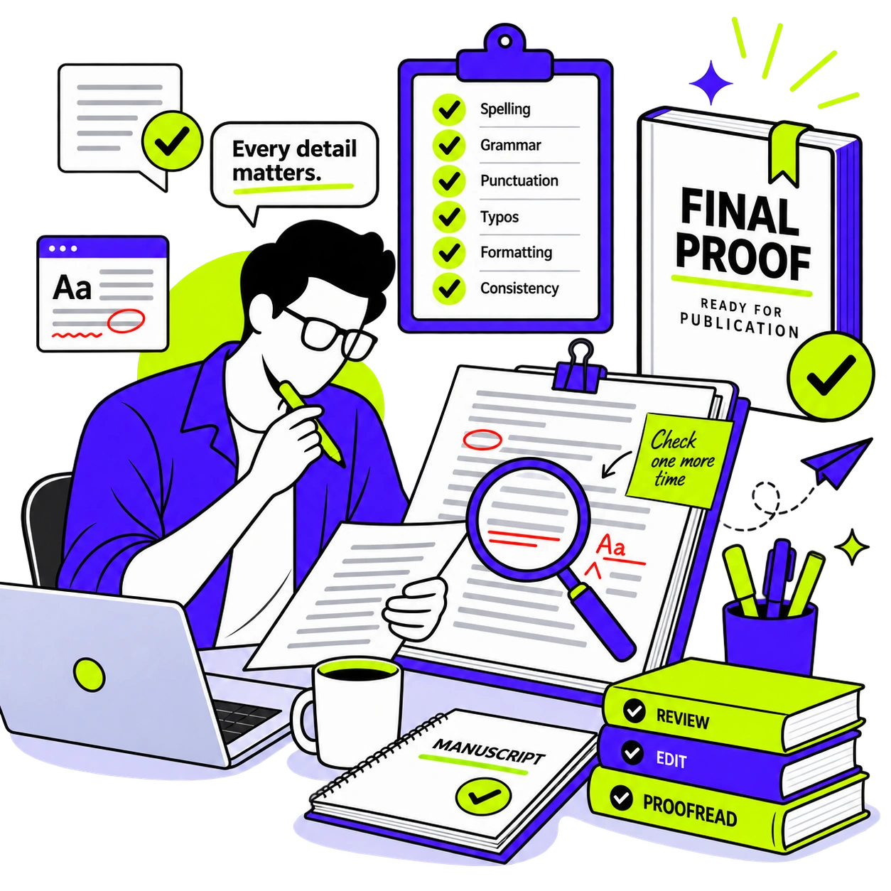 Final proofread of a completed book manuscript before publication