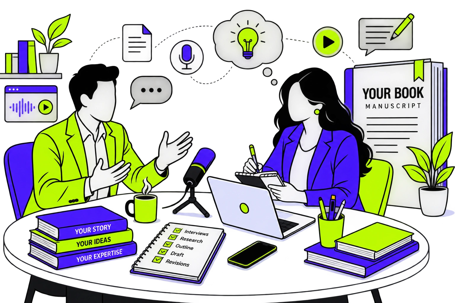 Author being interviewed by a professional ghostwriter developing a book manuscript