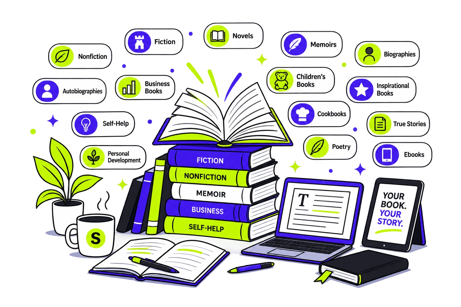 Collection of different book formats and genres representing professional book writing services