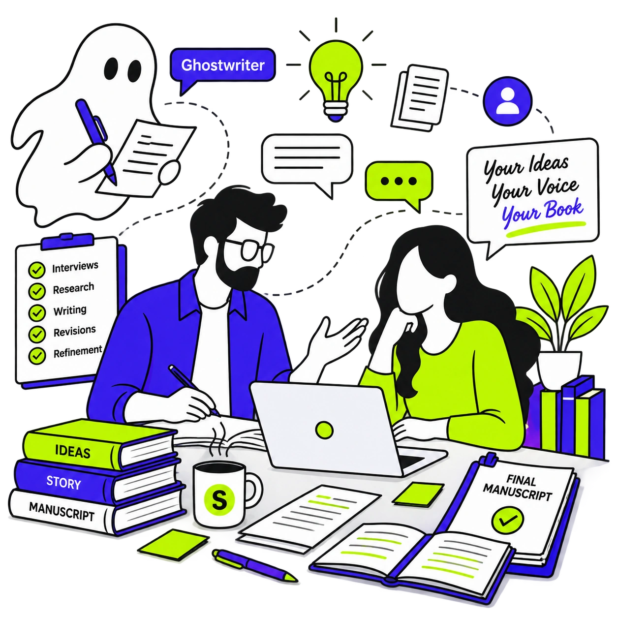 Author collaborating with a professional ghostwriter on a book manuscript
