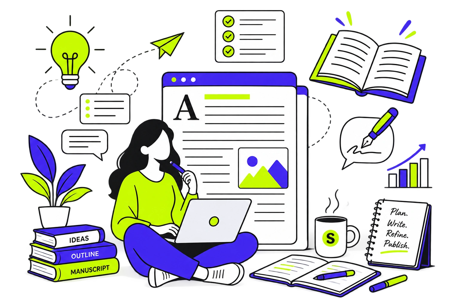Professional author developing a book manuscript with writing and publishing materials